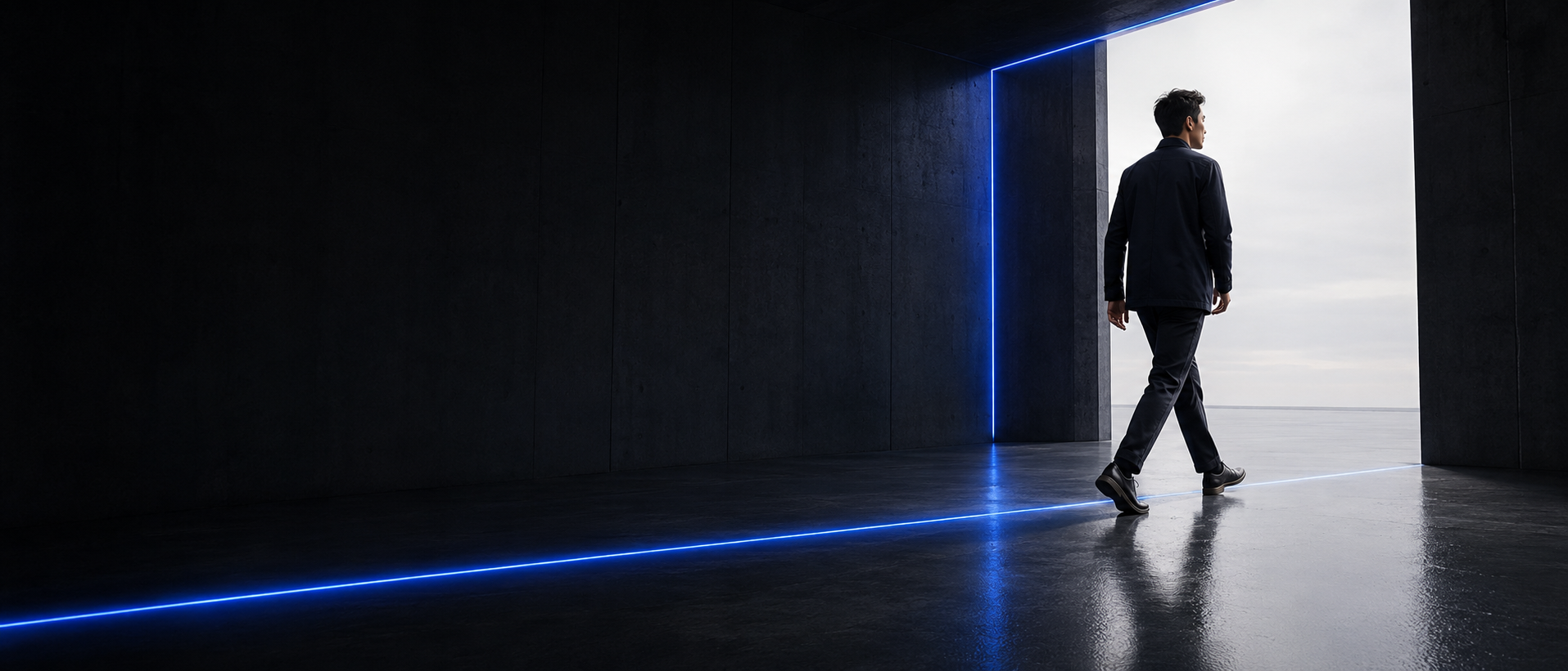 A professional walks toward a bright, open doorway.
